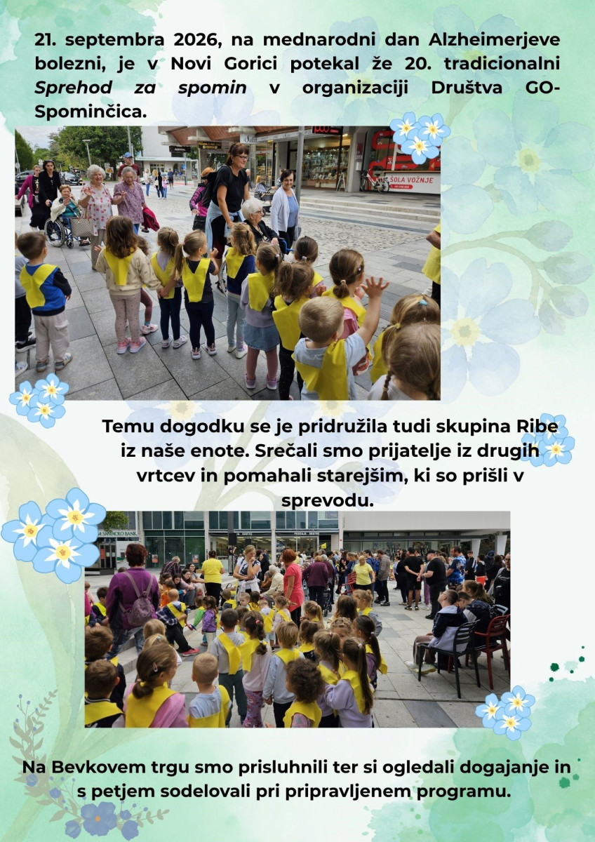 Plakat z grafikami in slikami iz Bevkovega trga v Novi Gorici, na mednarodni dan Alzheierjeve bolezni