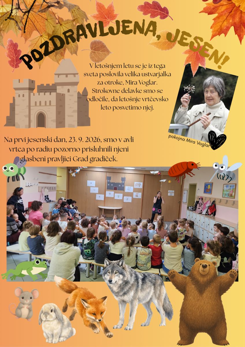 Plakat z naslovom: pozdravljena jesen, ki vsebuje sliko Mire Voglar in več različnih drugih grafik